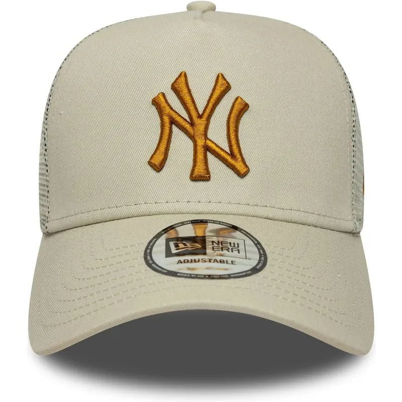 casquette-trucker-beige-avec-logo-marron-a-frame-league-essential-new-york-yankees-mlb-new-era
