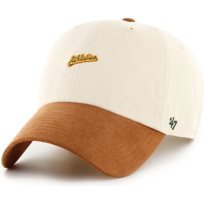 bezowo-brazowa-regulowana-czapka-z-zakrzywionym-daszkiem-clean-up-mini-script-suede-visor-oakland-athletics-mlb-od-47-brand