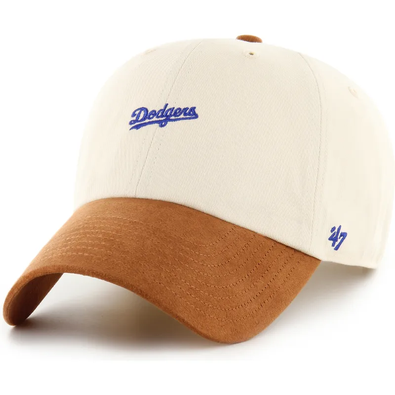 bezowo-brazowa-regulowana-czapka-z-zakrzywionym-daszkiem-clean-up-mini-script-suede-visor-los-angeles-dodgers-mlb-od-47-brand
