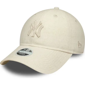 New Era Curved Brim Women 9TWENTY Midi Linen New York Yankees MLB Beige Adjustable Cap with Beige Logo
