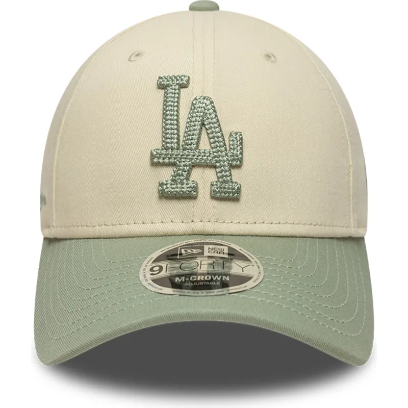 beige-och-gron-kurvad-keps-snapback-med-gront-9forty-m-crown-side-script-logotyp-fran-los-angeles-dodgers-mlb-av-new-era