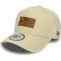 new-era-a-frame-denim-leather-patch-beige-trucker-hat