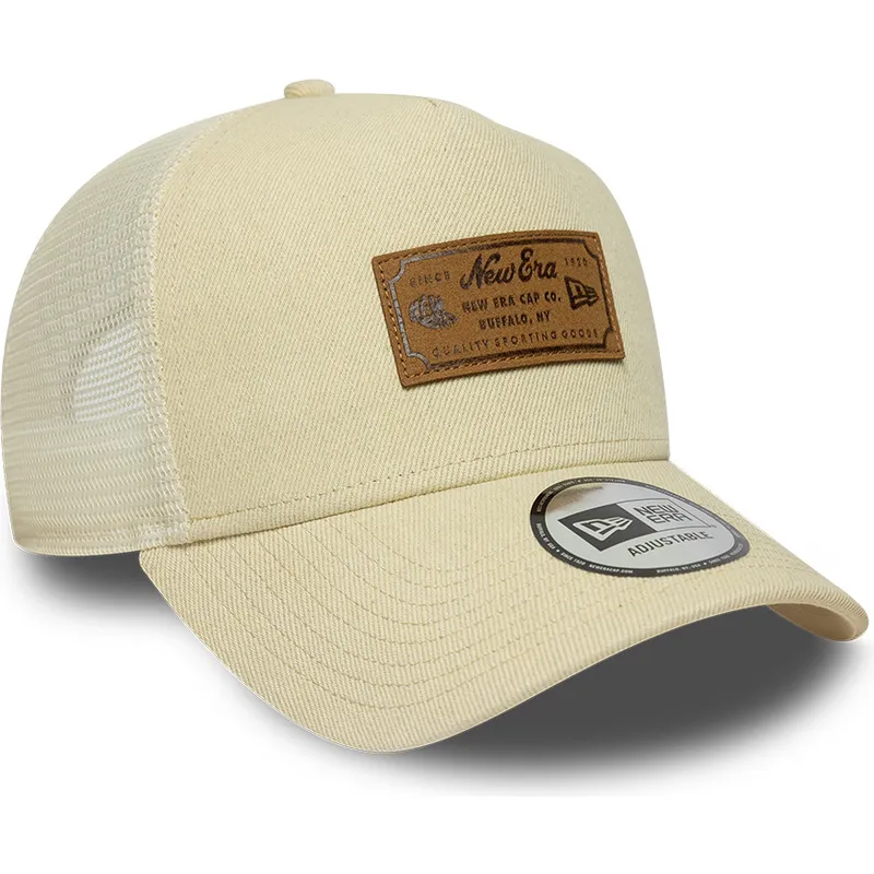 new-era-a-frame-denim-leather-patch-beige-trucker-hat