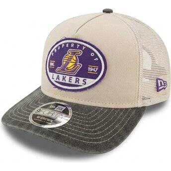 Casquette trucker beige et grise 9FORTY M-Crown A Frame Fray Los Angeles Lakers NBA New Era