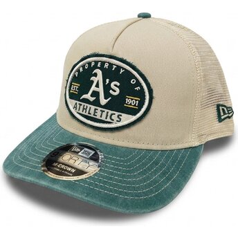 New Era 9FORTY M-Crown A Frame Fray Oakland Athletics MLB Beige and Green Trucker Hat