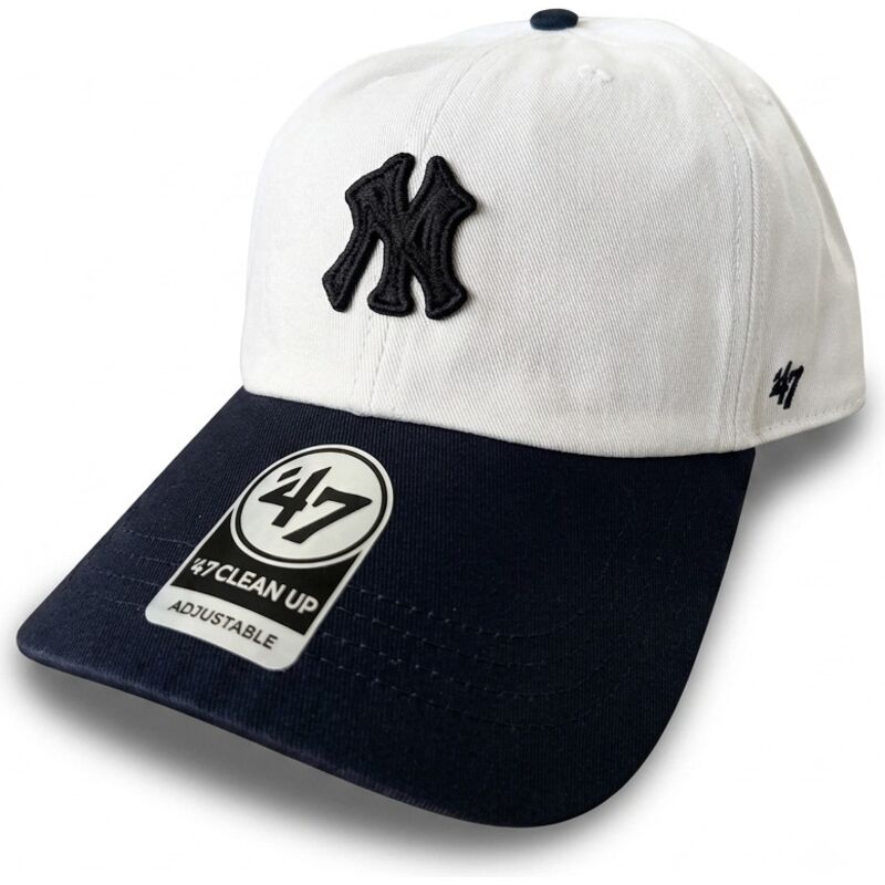 47-brand-curved-brim-clean-up-contemporary-two-tone-new-york-yankees-mlb-beige-and-navy-blue-adjustable-cap