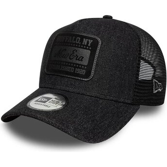 New Era Black Logo A Frame Patch Denim Black Trucker Hat