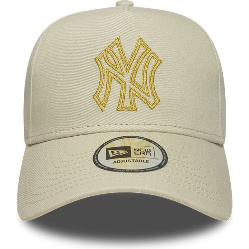 new-era-curved-brim-golden-logo-e-frame-metallic-outline-new-york-yankees-mlb-beige-snapback-cap