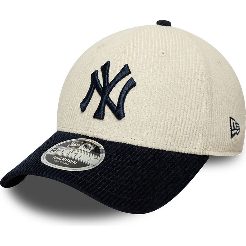 casquette-courbee-beige-et-bleue-marine-ajustable-avec-logo-bleu-marine-9forty-m-crown-cord-new-york-yankees-mlb-new-era
