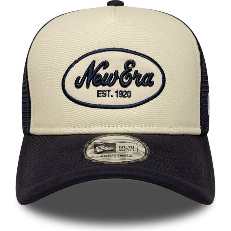 new-era-a-frame-oval-foam-patch-navy-blue-and-beige-trucker-hat