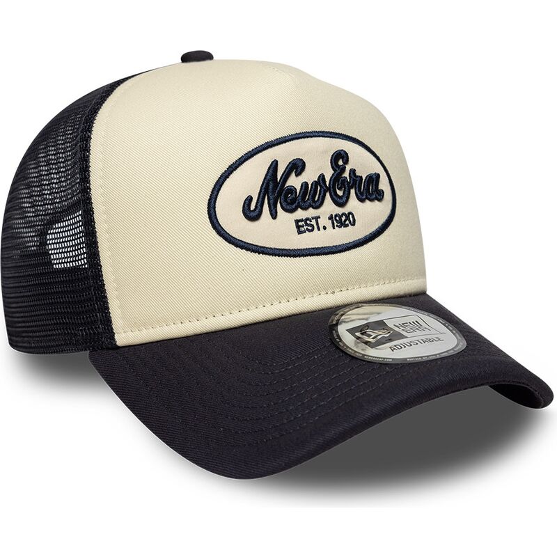 new-era-a-frame-oval-foam-patch-navy-blue-and-beige-trucker-hat