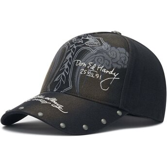 Ed Hardy Curved Brim Storming Rose Washed Black Adjustable Cap