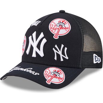 New Era 9FORTY M-Crown A Frame All Over New York Yankees MLB Navy Blue Trucker Hat