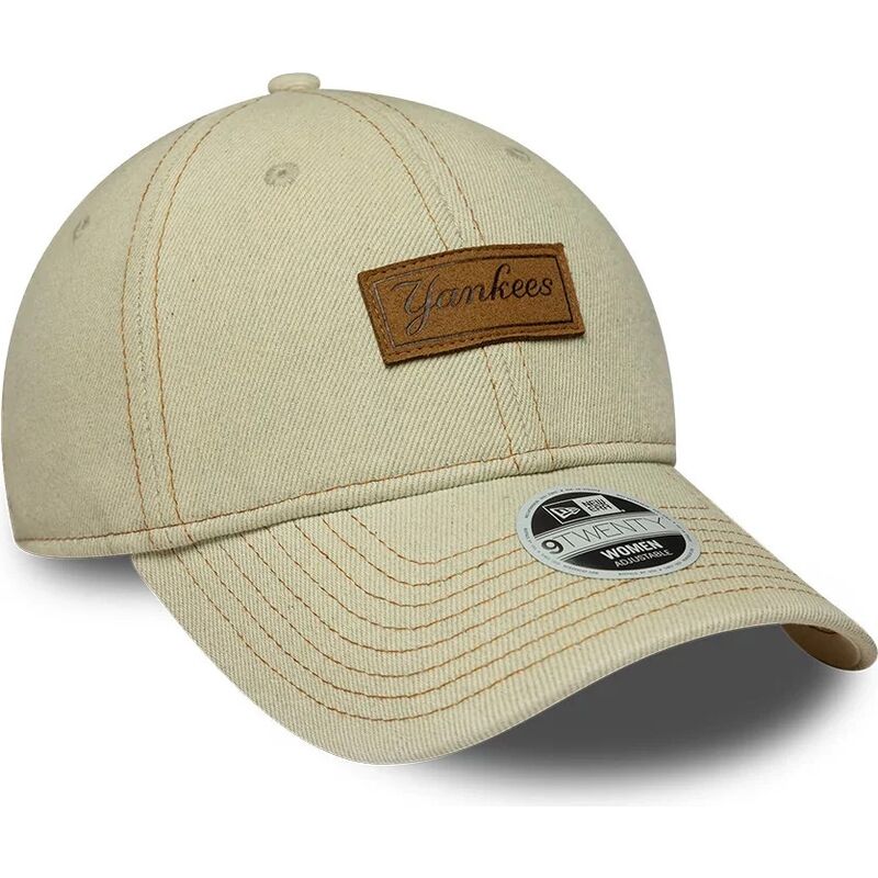 new-era-curved-brim-brown-logo-9twenty-denim-new-york-yankees-mlb-beige-adjustable-cap