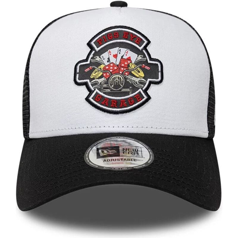 new-era-a-frame-location-icon-pigs-eye-garage-black-and-white-trucker-hat