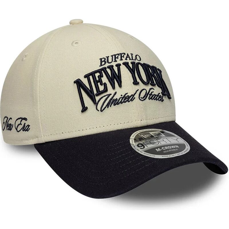 new-era-curved-brim-9forty-m-crown-wordmark-buffalo-new-york-beige-and-navy-blue-adjustable-cap