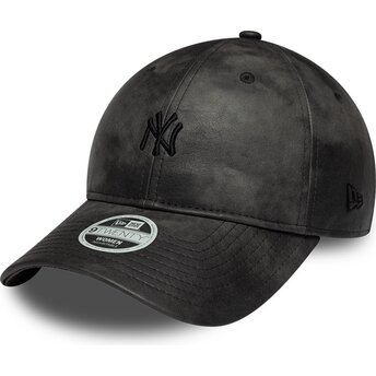 Casquette courbée noire ajustable pour femme avec logo noir 9TWENTY Washed PU New York Yankees MLB New Era
