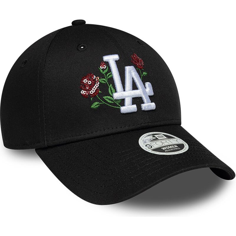 casquette-courbee-noire-snapback-pour-femme-9forty-rose-sequin-los-angeles-dodgers-mlb-new-era