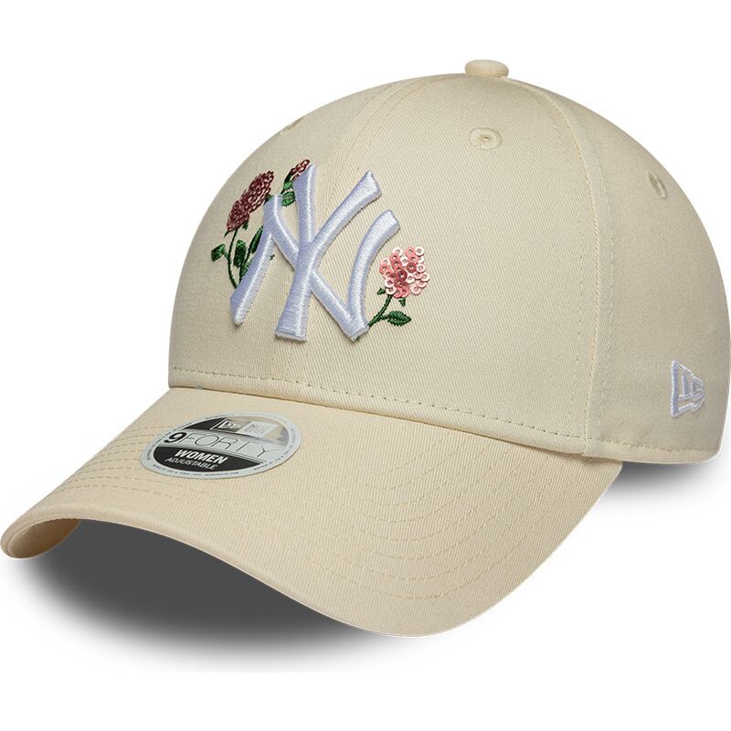 casquette-courbee-beige-snapback-pour-femme-9forty-rose-sequin-new-york-yankees-mlb-new-era
