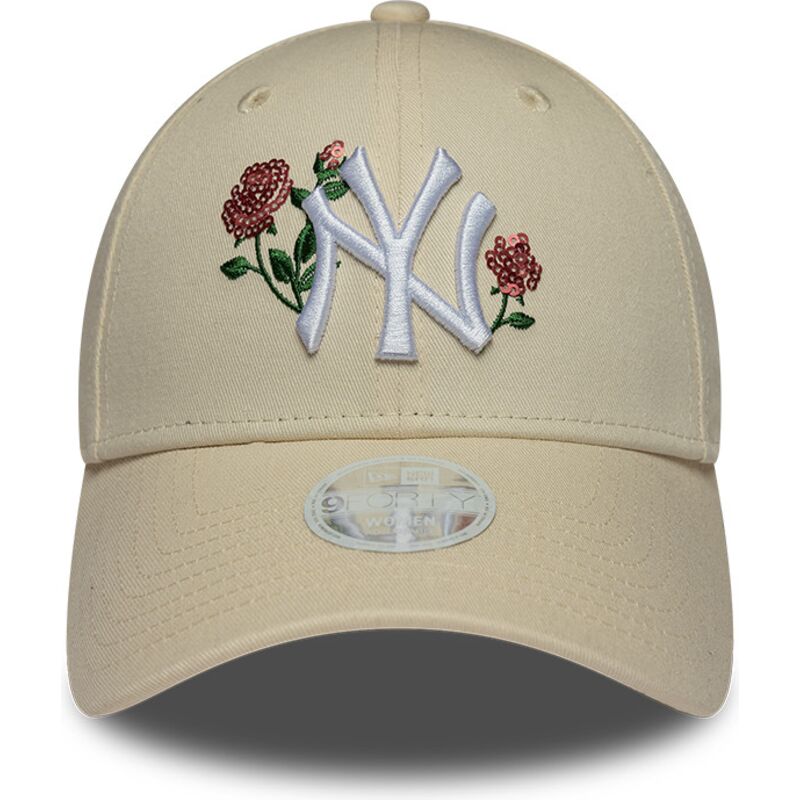 casquette-courbee-beige-snapback-pour-femme-9forty-rose-sequin-new-york-yankees-mlb-new-era