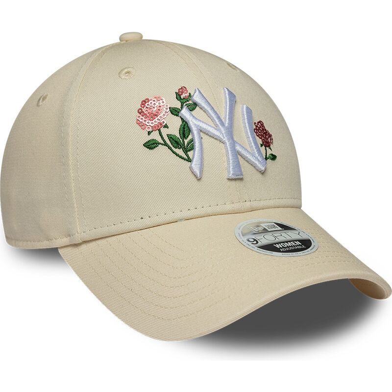 casquette-courbee-beige-snapback-pour-femme-9forty-rose-sequin-new-york-yankees-mlb-new-era