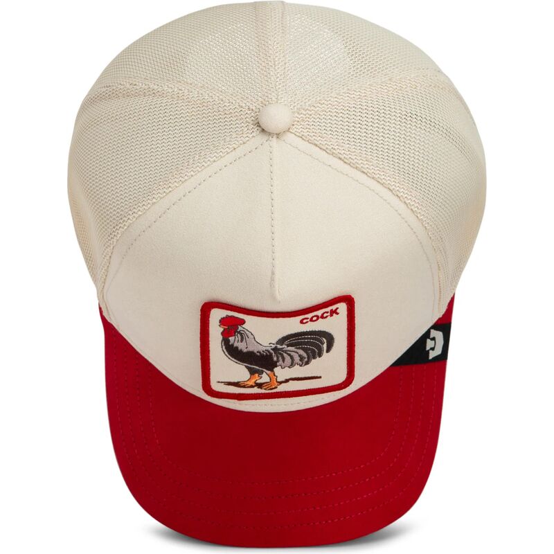 casquette-trucker-rouge-et-beige-coq-the-suede-rooster-microsuede-cock-the-farm-goorin-bros