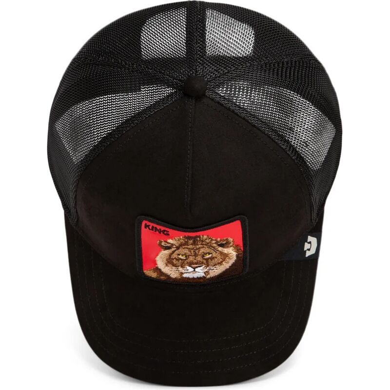 casquette-trucker-noire-et-rouge-lion-re-lionne-rosso-microsuede-king-the-farm-goorin-bros