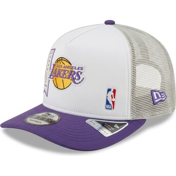 New Era 9FIFTY A Frame Precurved Multi Patch Los Angeles Lakers NBA Purple and White Trucker Hat