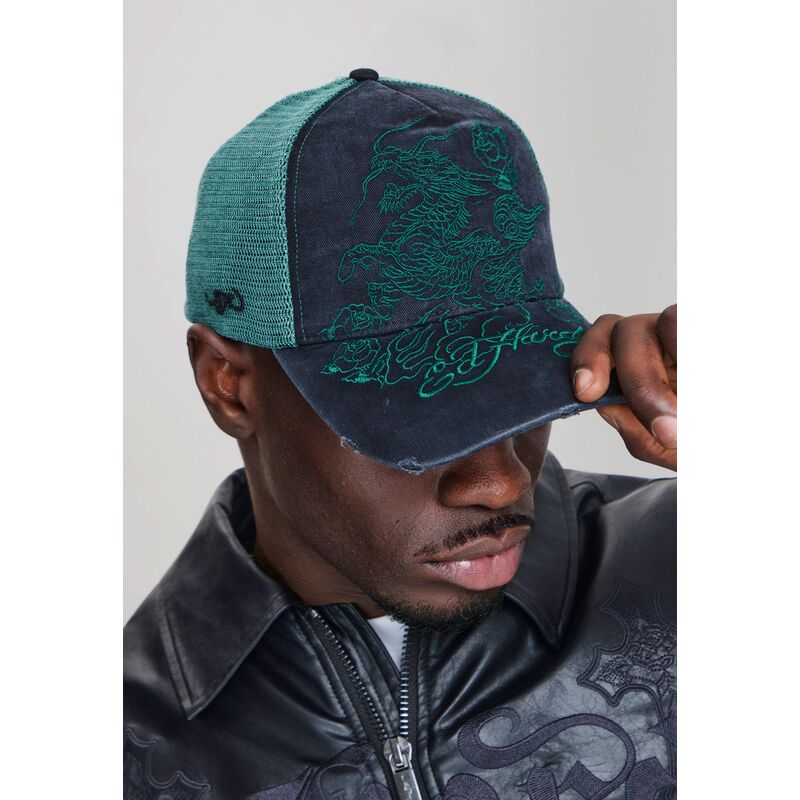 casquette-trucker-noire-et-verte-outline-dragon-distressed-ed-hardy